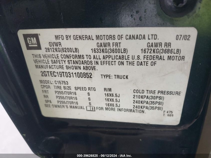 2003 GMC Sierra 1500 Sle VIN: 2GTEC19T031100852 Lot: 39626825