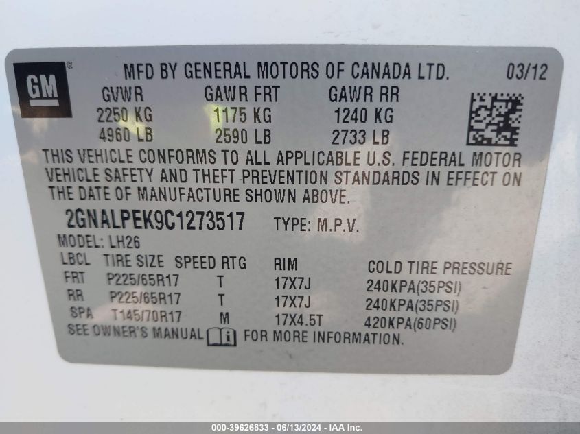 2012 Chevrolet Equinox 2Lt VIN: 2GNALPEK9C1273517 Lot: 39626833