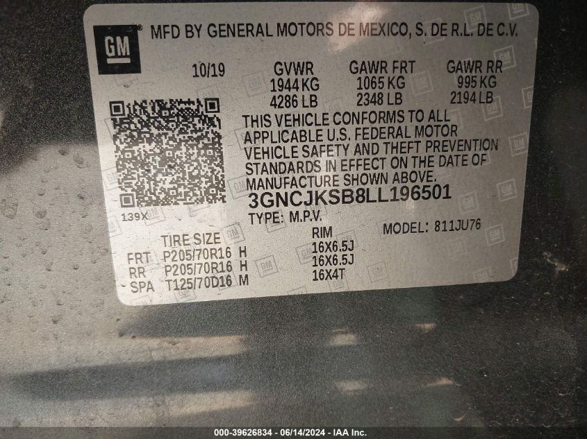 2020 Chevrolet Trax Fwd Ls VIN: 3GNCJKSB8LL196501 Lot: 39626834