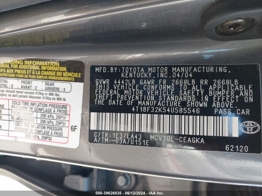 2004 Toyota Camry Xle V6 VIN: 4T1BF32K54U585546 Lot: 39626835