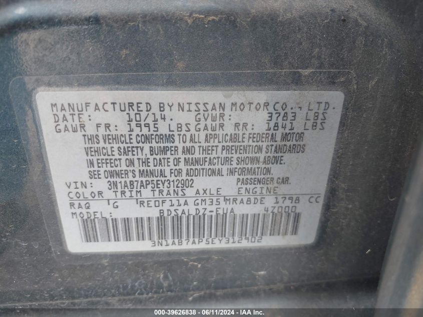 3N1AB7AP5EY312902 2014 Nissan Sentra Sv