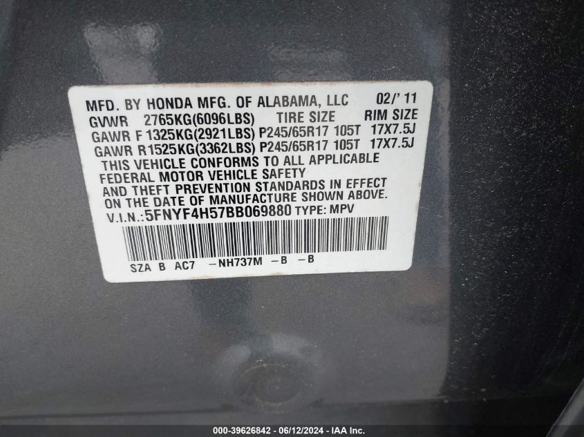 2011 Honda Pilot Ex-L VIN: 5FNYF4H57BB069880 Lot: 39626842