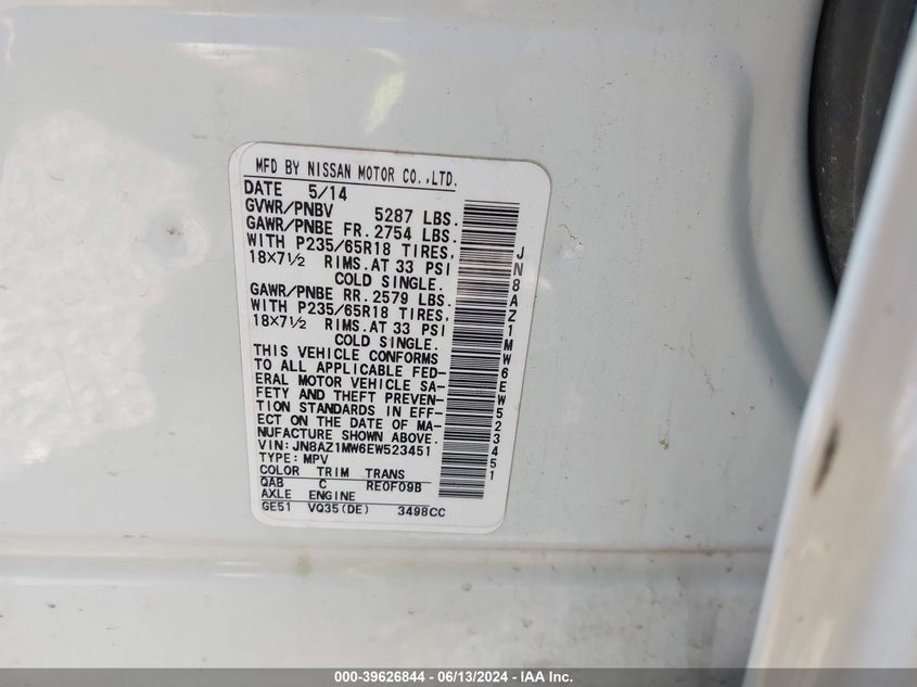 2014 Nissan Murano S VIN: JN8AZ1MW6EW523451 Lot: 39626844