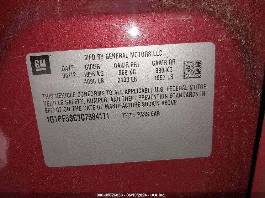 2012 Chevrolet Cruze 1Lt VIN: 1G1PF5SC7C7384171 Lot: 39626853