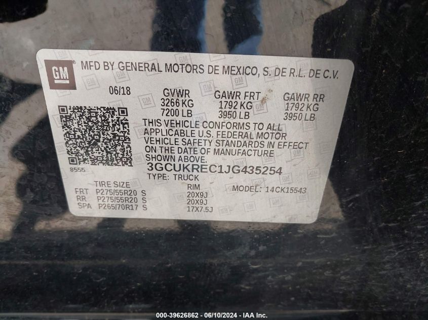2018 Chevrolet Silverado 1500 2Lt VIN: 3GCUKREC1JG435254 Lot: 39626862