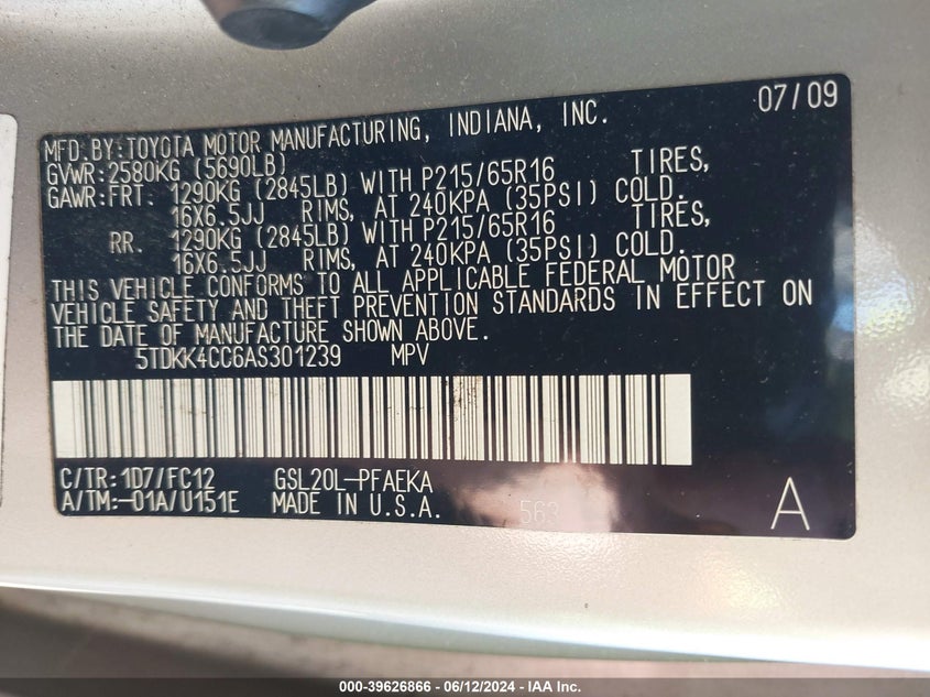 2010 Toyota Sienna Le VIN: 5TDKK4CC6AS301239 Lot: 39626866