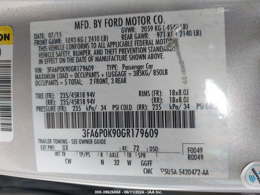 2016 FORD FUSION TITANIUM - 3FA6P0K90GR179609