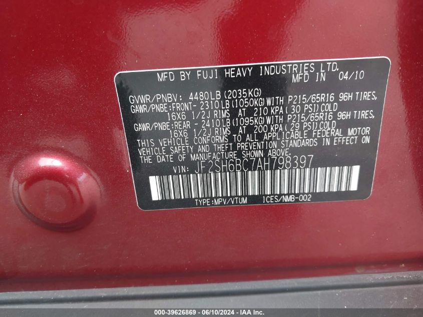 2010 Subaru Forester 2.5X VIN: JF2SH6BC7AH798397 Lot: 39626869