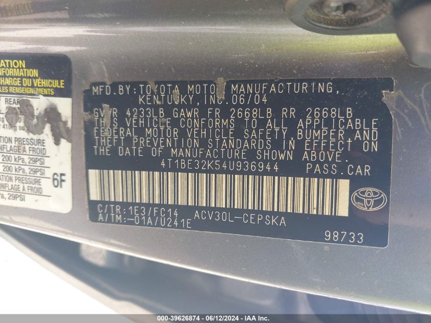 2004 Toyota Camry Se VIN: 4T1BE32K54U936944 Lot: 39626874