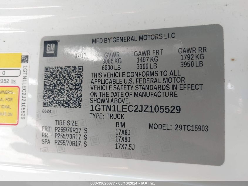 2018 GMC Sierra 1500 VIN: 1GTN1LEC2JZ105529 Lot: 39626877