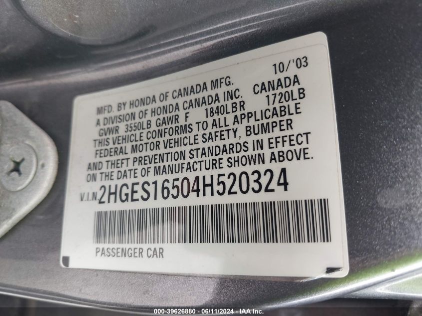 2004 Honda Civic Lx VIN: 2HGES16504H520324 Lot: 39626880