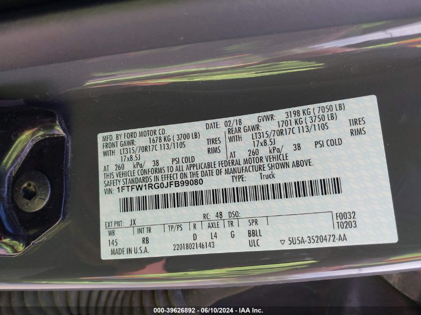 2018 Ford F-150 Raptor VIN: 1FTFW1RG0JFB99080 Lot: 39626892