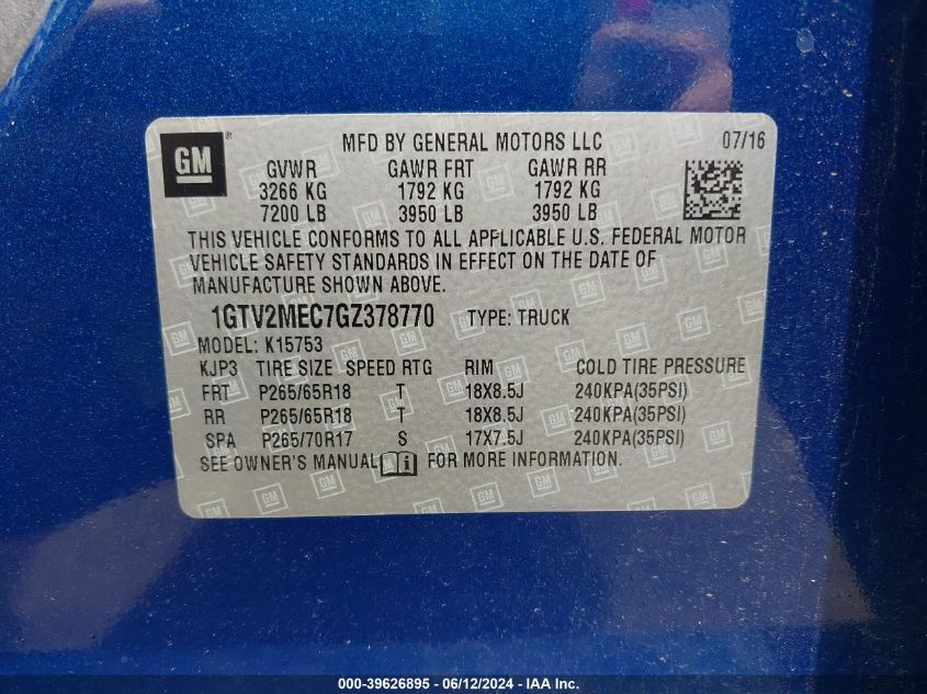 2016 GMC Sierra 1500 Sle VIN: 1GTV2MEC7GZ378770 Lot: 39626895