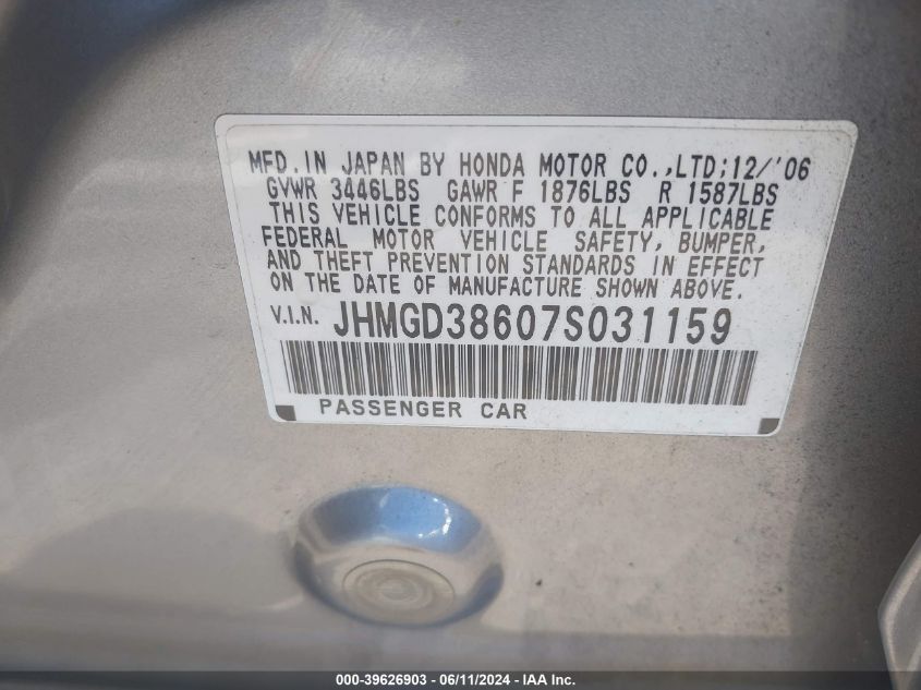 2007 Honda Fit Sport VIN: JHMGD38607S031159 Lot: 39626903