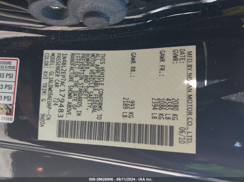 2010 Nissan Altima 3.5 Sr VIN: 1N4BL2EP7AC179483 Lot: 39626906