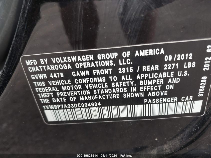 2013 Volkswagen Passat 2.5L Se VIN: 1VWBP7A33DC034604 Lot: 39626914
