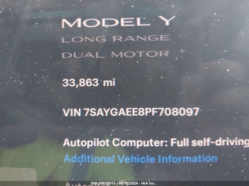 2023 Tesla Model Y Awd/Long Range Dual Motor All-Wheel Drive VIN: 7SAYGAEE8PF708097 Lot: 39626915