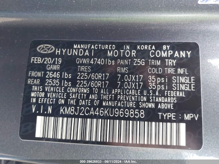 2019 Hyundai Tucson Se VIN: KM8J2CA46KU969858 Lot: 39626933