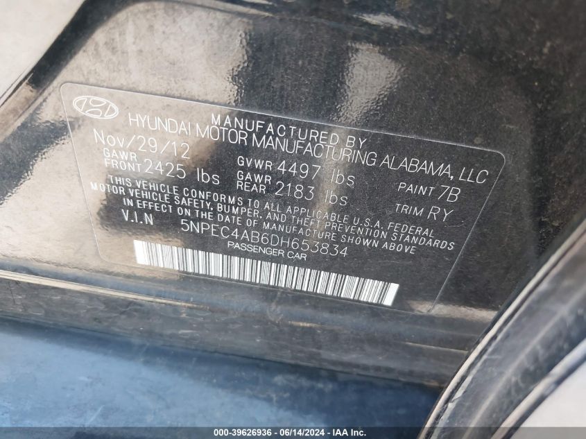 2013 Hyundai Sonata Se 2.0T VIN: 5NPEC4AB6DH653834 Lot: 39626936