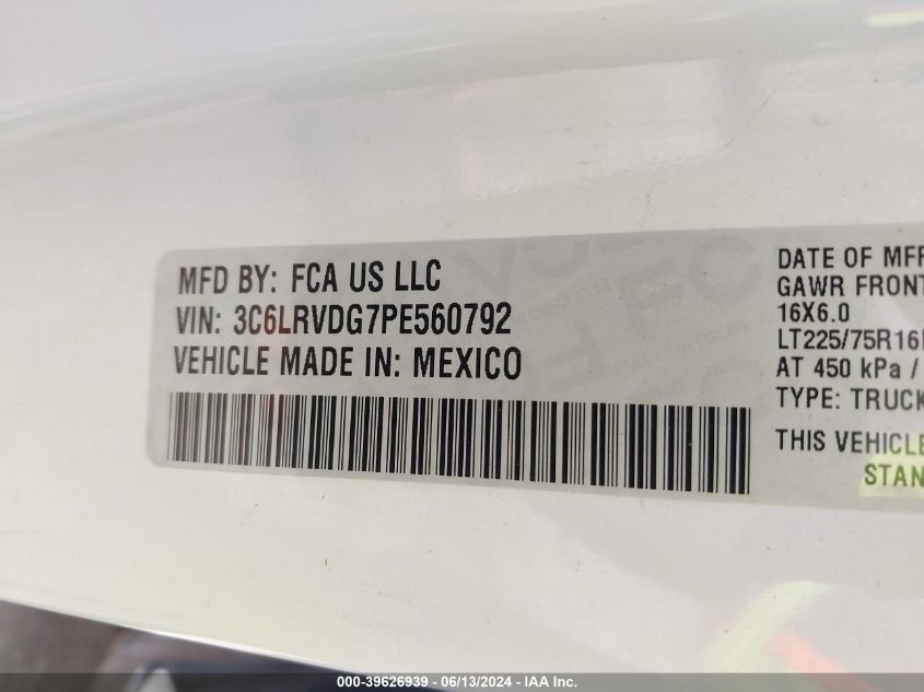 2023 Ram Promaster 2500 High Roof 159 Wb VIN: 3C6LRVDG7PE560792 Lot: 39626939
