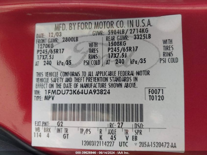 2004 Ford Explorer Nbx/Xlt VIN: 1FMDU73K64UA93824 Lot: 39626946