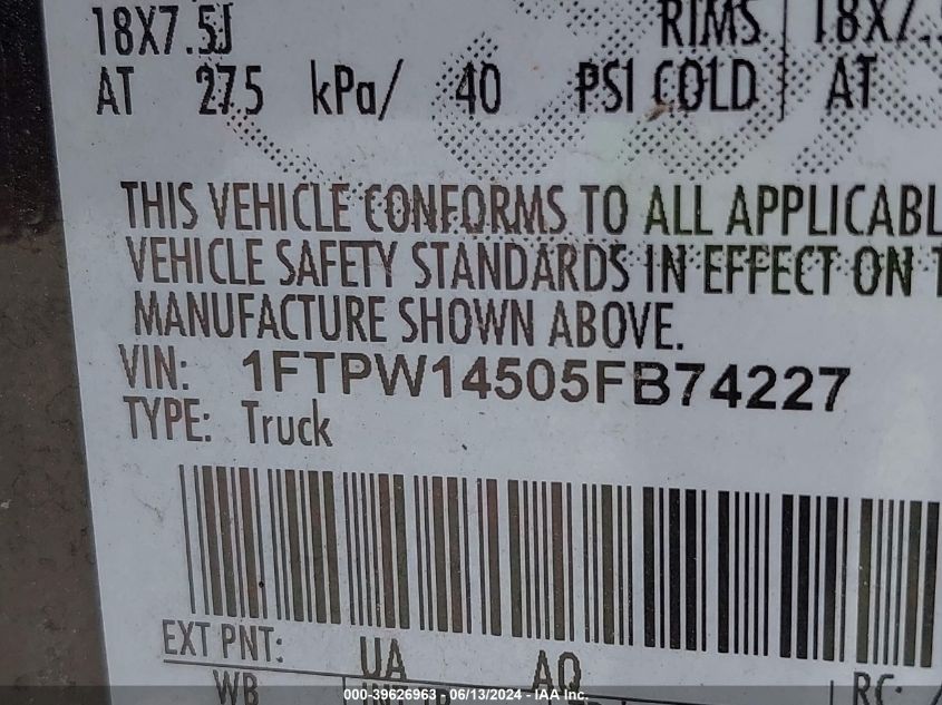 2005 Ford F-150 Fx4/Lariat/Xlt VIN: 1FTPW14505FB74227 Lot: 39626963