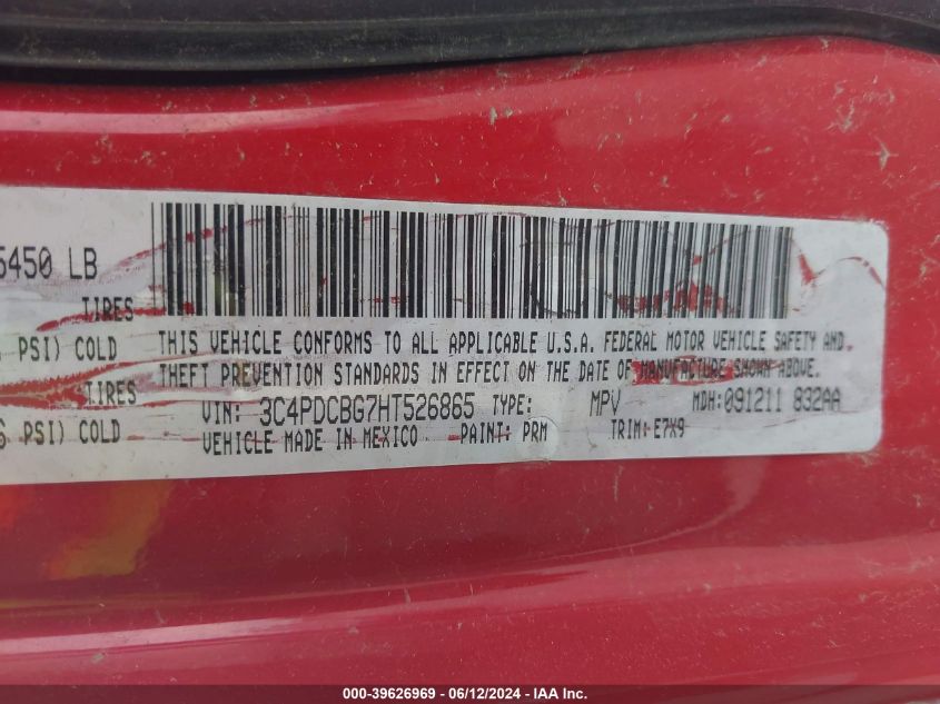 2017 Dodge Journey Sxt VIN: 3C4PDCBG7HT526865 Lot: 39626969