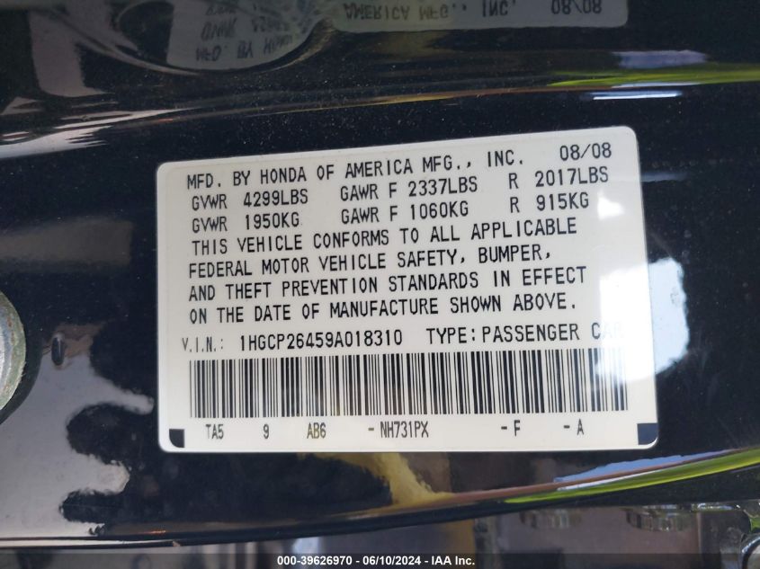 2009 Honda Accord 2.4 Lx-P VIN: 1HGCP26459A018310 Lot: 39626970