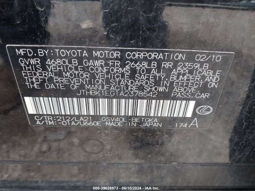 2010 Lexus Es 350 VIN: JTHBK1EG1A2378542 Lot: 39626973