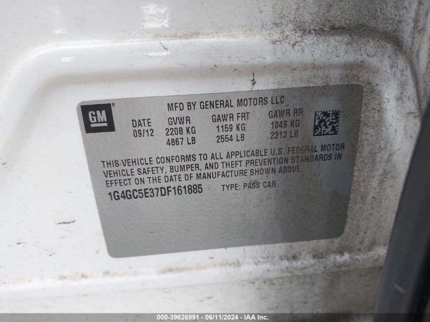 2013 Buick Lacrosse Leather Group VIN: 1G4GC5E37DF161885 Lot: 39626991