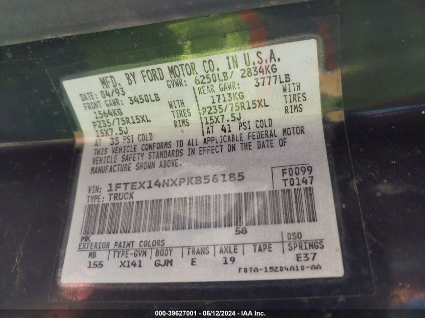 1993 Ford F150 VIN: 1FTEX14NXPKB56185 Lot: 39627001