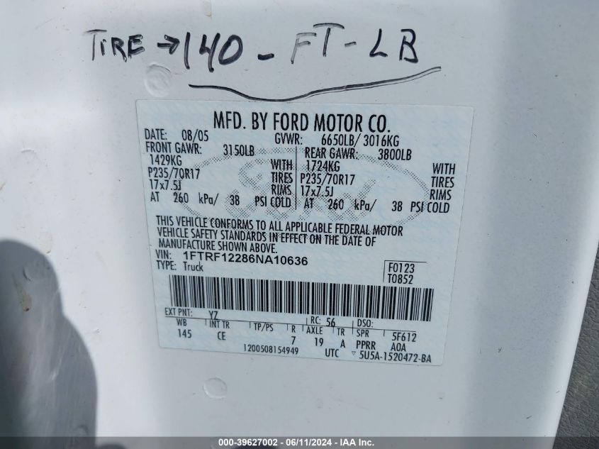 2006 Ford F-150 Stx/Xl/Xlt VIN: 1FTRF12286NA10636 Lot: 39627002