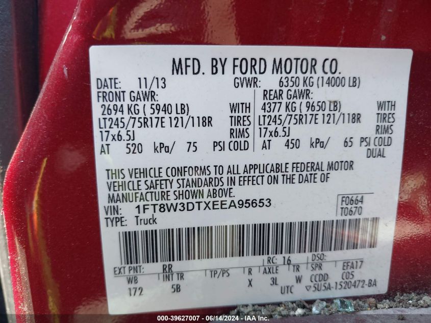 2014 Ford F-350 Lariat VIN: 1FT8W3DTXEEA95653 Lot: 39627007