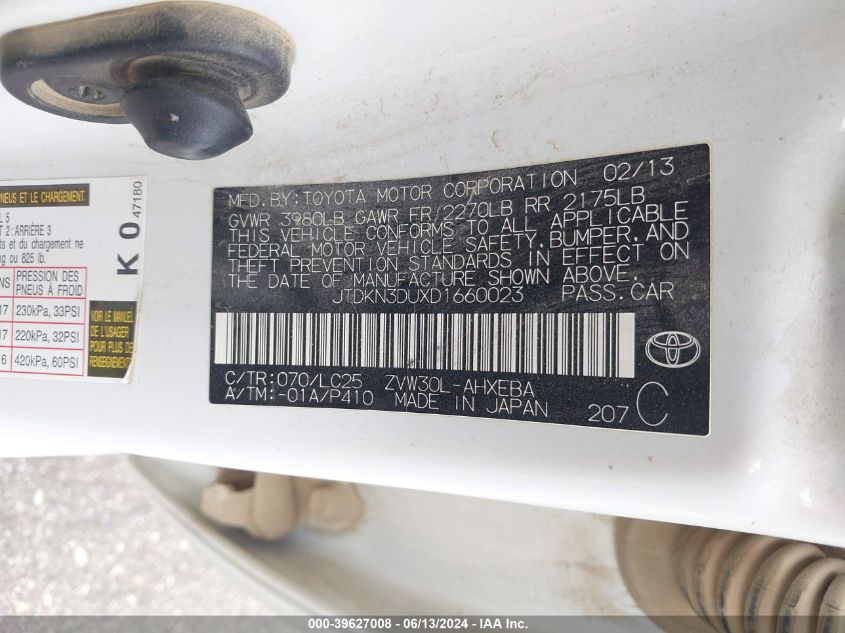 2013 Toyota Prius Three Se VIN: JTDKN3DUXD1660023 Lot: 39627008