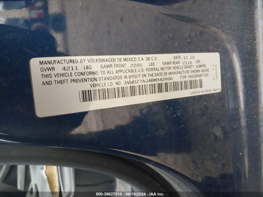 2011 Volkswagen Jetta 2.5L Se VIN: 3VWDZ7AJ4BM342006 Lot: 39627010