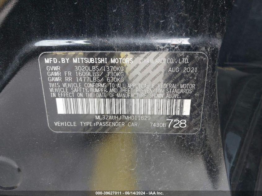 ML32AUHJ7MH011629 | 2021 MITSUBISHI MIRAGE