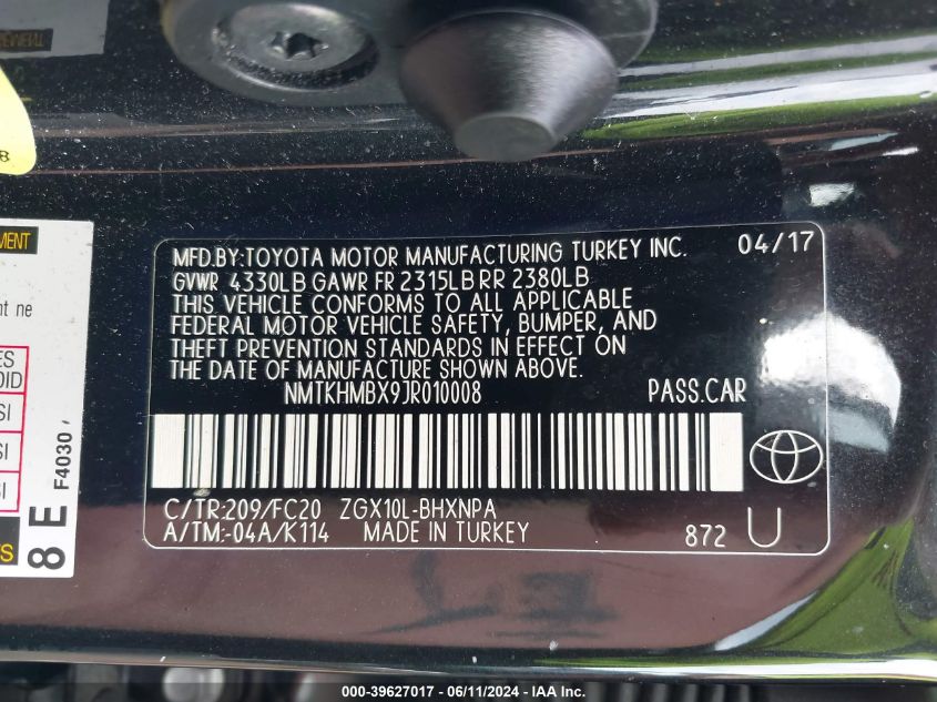 2018 Toyota C-Hr Xle VIN: NMTKHMBX9JR010008 Lot: 39627017