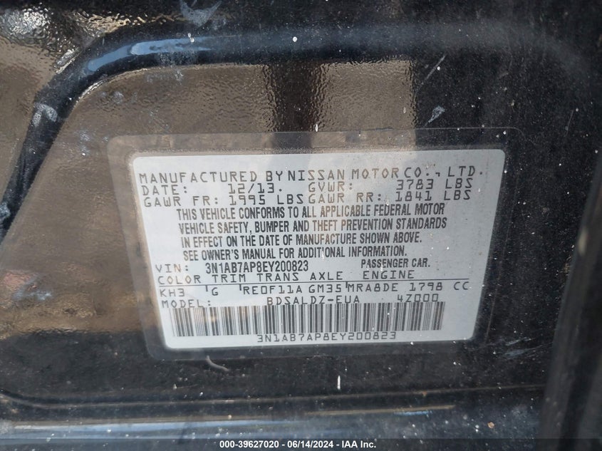 2014 Nissan Sentra Sv VIN: 3N1AB7AP8EY200823 Lot: 39627020