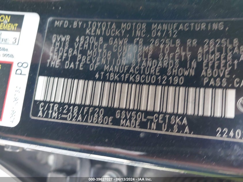 2012 Toyota Camry Se V6 VIN: 4T1BK1FK9CU012190 Lot: 39627027