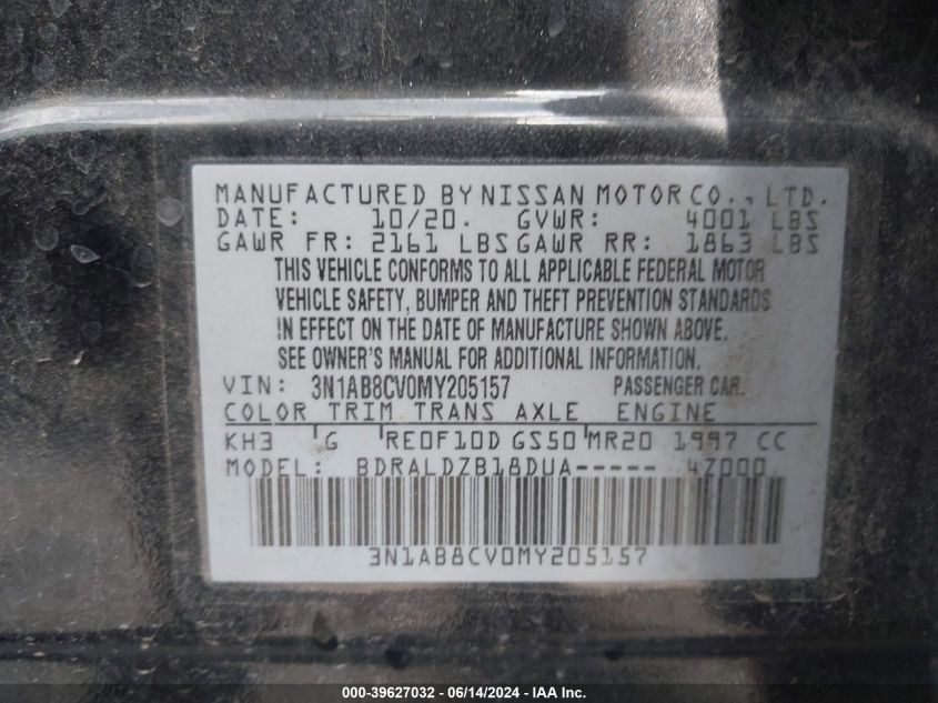 2021 Nissan Sentra Sv Xtronic Cvt VIN: 3N1AB8CV0MY205157 Lot: 39627032