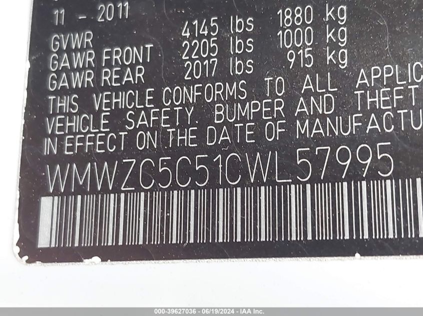 2012 Mini Cooper S Countryman VIN: WMWZC5C51CWL57995 Lot: 39627036