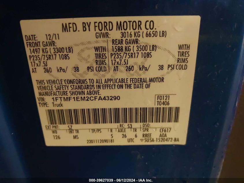 2012 Ford F-150 Xlt VIN: 1FTMF1EM2CFA43290 Lot: 39627039