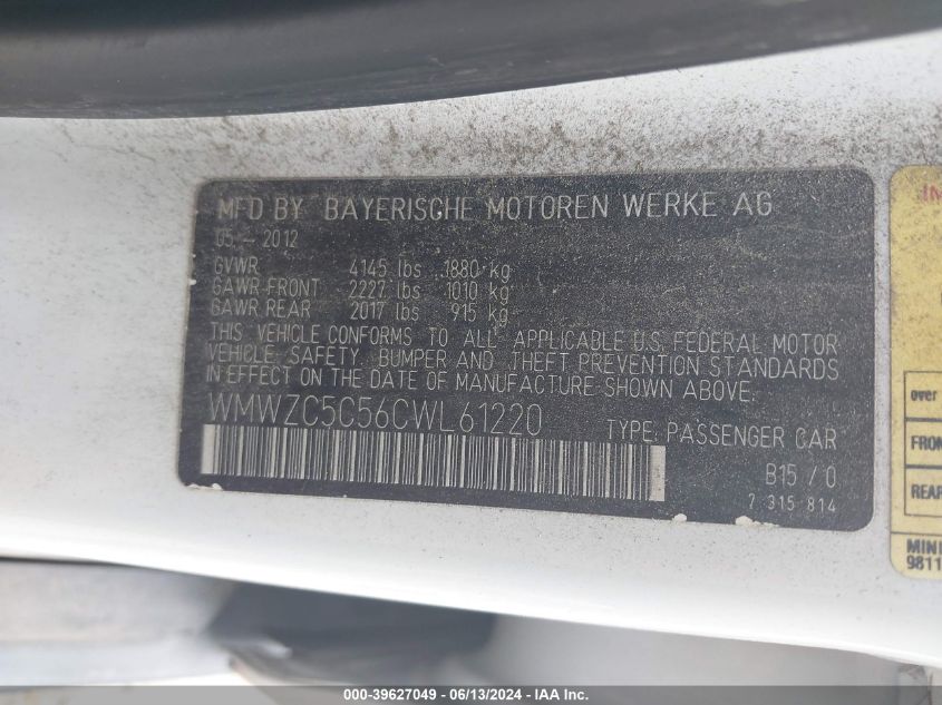 2012 Mini Cooper S Countryman VIN: WMWZC5C56CWL61220 Lot: 39627049