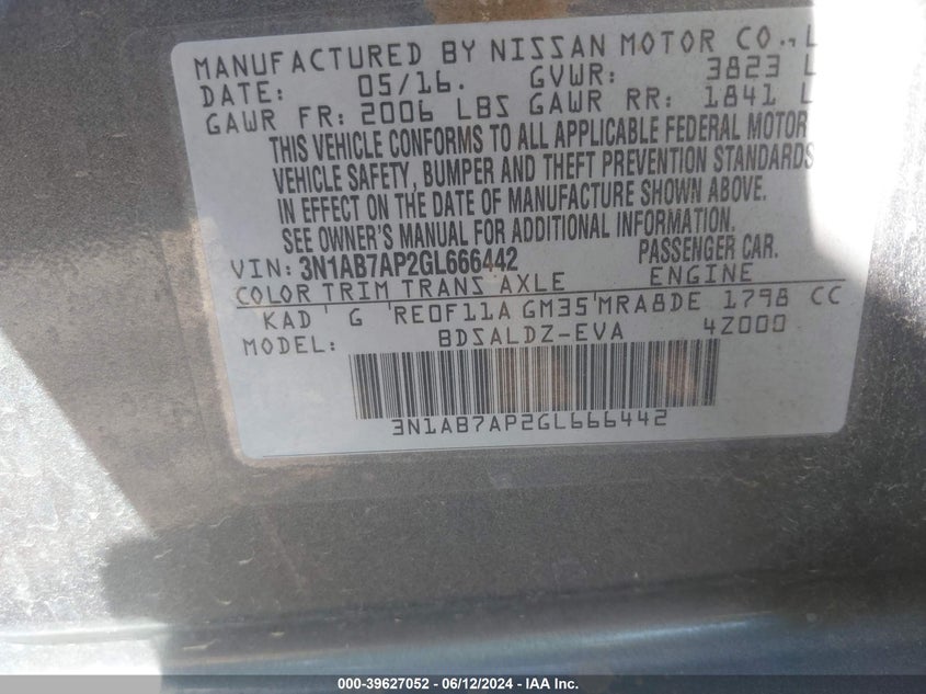 2016 Nissan Sentra Fe+ S/S/Sl/Sr/Sv VIN: 3N1AB7AP2GL666442 Lot: 39627052