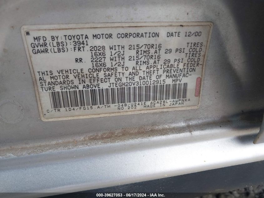 2001 Toyota Rav4 VIN: JTEGH20V310012915 Lot: 39627053