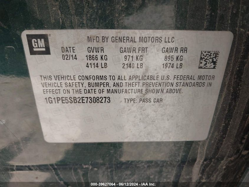 2014 Chevrolet Cruze 2Lt Auto VIN: 1G1PE5SB2E7308273 Lot: 39627064