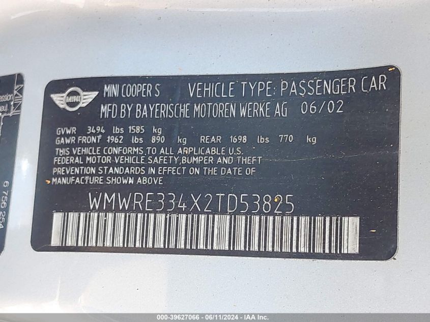 2002 Mini Cooper S VIN: WMWRE334X2XD53825 Lot: 39627066