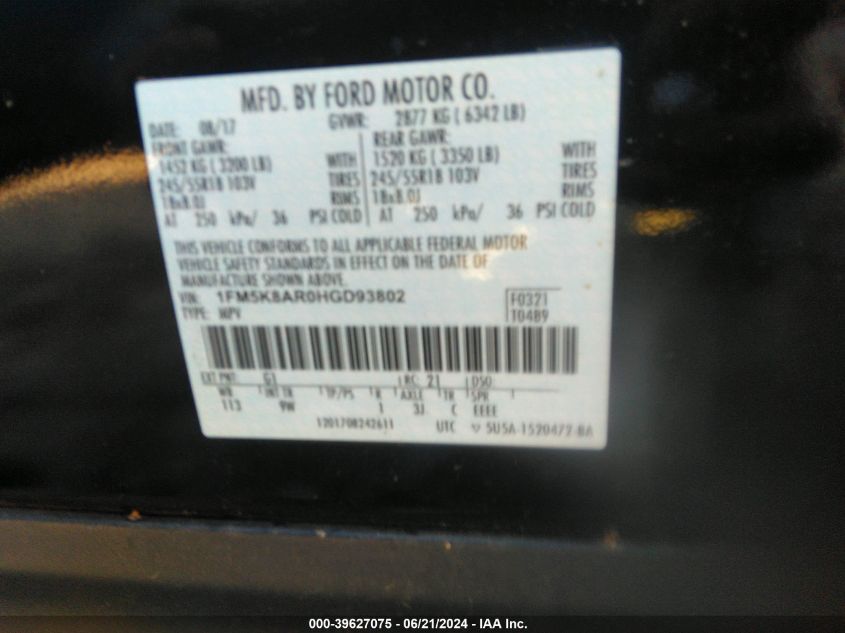 2017 Ford Utility Police Interceptor VIN: 1FM5K8AR0HGD93802 Lot: 39627075