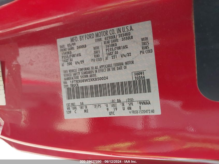 1999 Ford F-150 Lariat/Xl/Xlt VIN: 1FTRX08W2XKB50024 Lot: 39627090