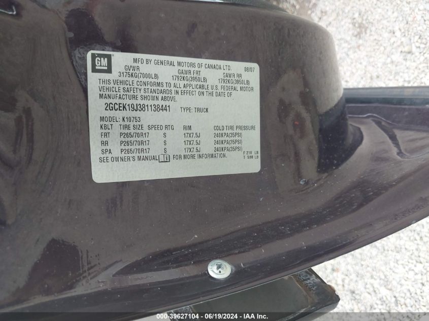 2008 Chevrolet Silverado 1500 Lt1 VIN: 2GCEK19J381138441 Lot: 39627104